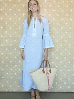 ASHA Harbour Marguerite Block Print Linen Kaftan Size Small